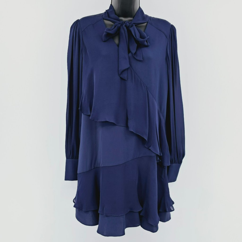 Parker Dress S Navy Blue Kenji Combo Mini Shift Long Sleeve Tiered Bow Tie New